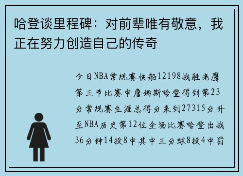 哈登谈里程碑：对前辈唯有敬意，我正在努力创造自己的传奇